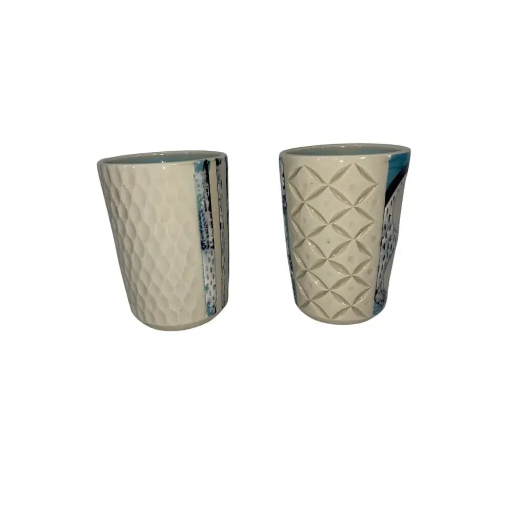 Set of 2 Studio Art Pottery Tumblers Beige Blue Glasses Signed